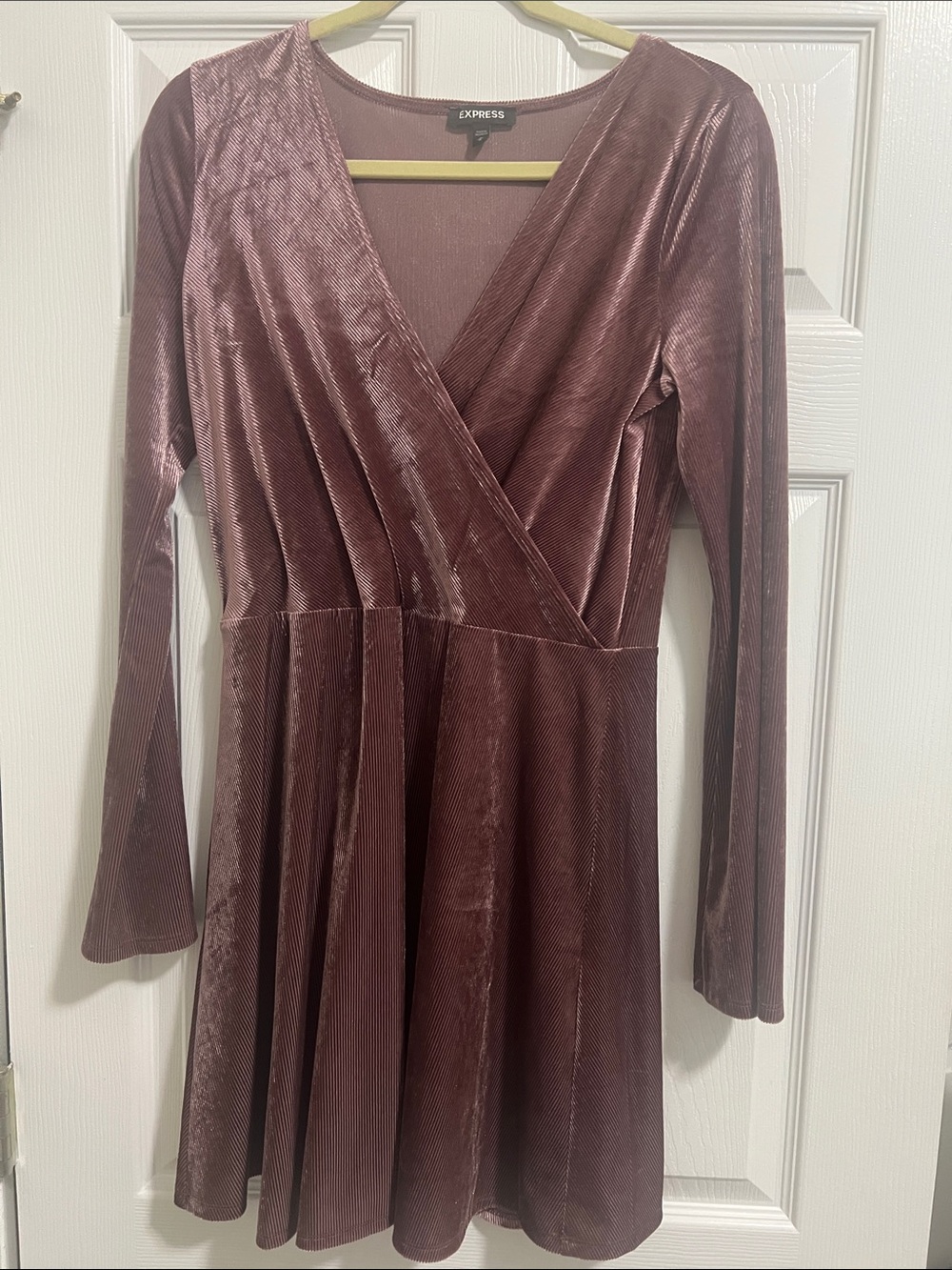 Express Velvet Wrap Skater Dress in Dusty Rose
